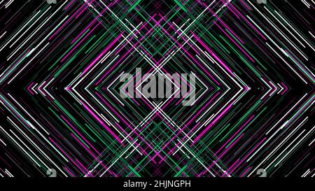Pattern of lines with interference on black background. Animation. Triangular mirror pattern of colored lines intersects with interference on black ba Stock Photo