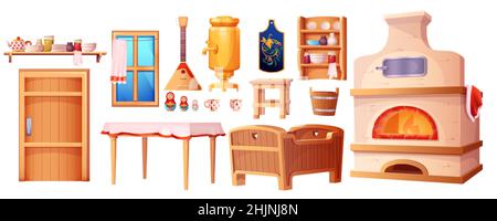 Cartoon old interior elements of the Russian hut. Ancient kitchen with traditional stove, wooden baby cradle, table, samovar set isolated on white background. Ukrainian rural house with window, door. Stock Vector