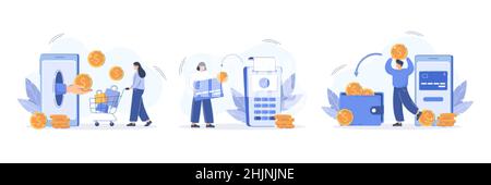 Cashback and saving money concept. Flat illustration set of buyer characters pay online and cash refund for purchase on credit card and wallet. Financial savings and coins loyalty rewards program. Stock Vector