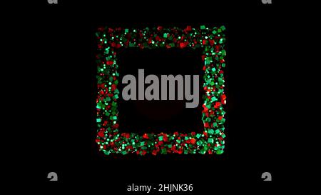Christmas frame made of cubes and lights. Animation. Beautiful Christmas frame of green and red cubes and lights on black background. Stock Photo