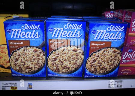 Kroger Skillet Meals Stroganoff in a colorful box shot closeup on a metal shelf at a Dillons grocery store in Kansas Stock Photo