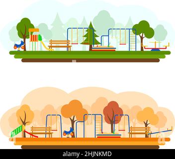 Kids playground with playing equipment in summer and autumn , vector illustration. Flat style Stock Vector