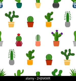Seamless background with cactuses in pots, vector illustration Stock Vector