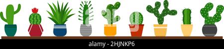 Background with cactuses in pots, vector illustration Stock Vector