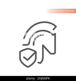 Computer virus safe line vector icon. Trojan horse and shield checkmark outlined symbol. Stock Vector