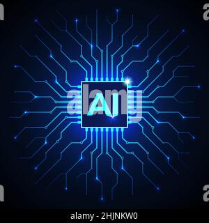 Artificial intelligence, ai. Abstract processor, computer digital chip, printed circuit board. Dark blue technology background, template, design Stock Vector