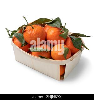 Box with fresh sweet Spanish mandarins isolated on white background Stock Photo