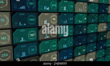 Abstract digital display with colorful rows of small cells or microchips with different numbers and moving scales on black background, seamless loop. Stock Photo