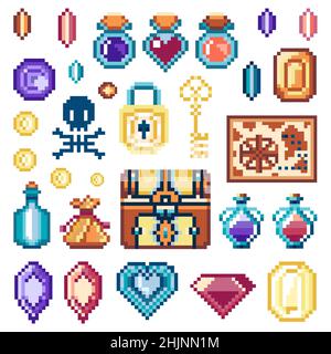 Pixel Arts Treasures and Potions Game Assets Stock Vector