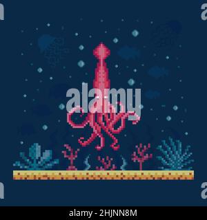 Pixel Art Squid on Seabed Landscape Stock Vector