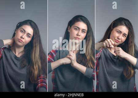 Emotions. A series of photos where a young woman with a disgruntled face aggressively demonstrates aggression. Collage. Tint. Stock Photo