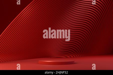 Red podium with abstract circular geometric pattern on red background Stock Photo