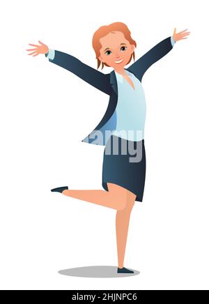 Pretty little girl student. Cheerful girl. Standing pose. Cartoon flat design in comic style. Single character. Illustration isolated on white Stock Vector