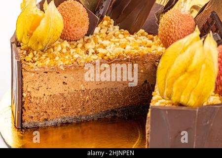 Detail and texture of mousse chocolate cake layer, close up Stock Photo