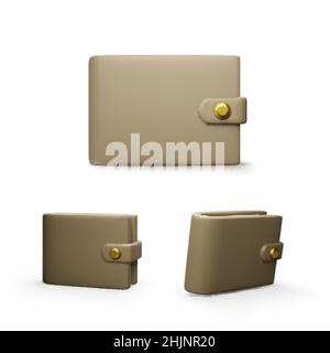 3d leather wallet collection in cartoon realistic style. Vector illustration isolated on white background Stock Vector