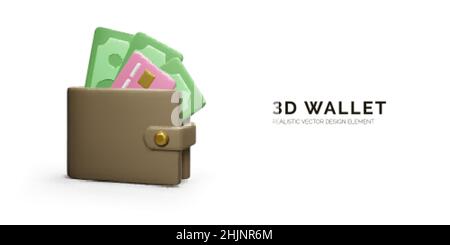 Wallet with paper currency and credit card in realistic cartoon style. 3D purse with green dollars. Vector illustration Stock Vector