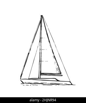 Sailing yacht floats on waves. Side view. Small ship for recreation and travel. Outline sketch. Hand drawing isolated on white background. Vector Stock Vector