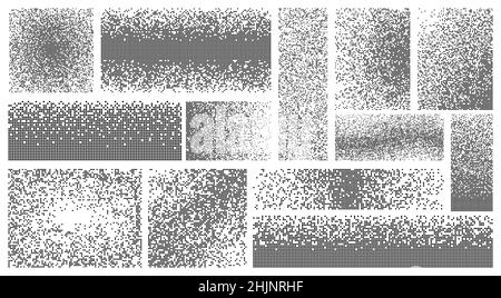 Dispersed pixel shapes. greyscale, art dissolve blocks. square dispersion, fragments transform. pixelation, destruction elements recent vector set Stock Vector