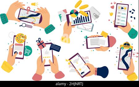 Hands with smartphones. Flat cellphone, teens swipe chat messages. New applications for delivery, maps and paying service. Phone accounts, decent Stock Vector