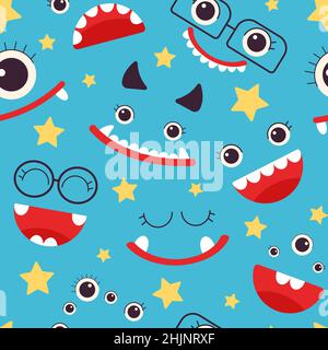 Kids monster seamless pattern. Monsters emotional faces, child fashion print. Funny ugly characters for textile decoration, wrapping paper, decent Stock Vector