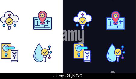IoT technologies pixel perfect light and dark theme color icons set Stock Vector