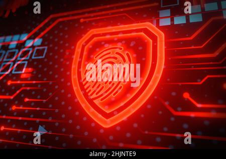 Red Shield Fingerprint scan provides access with biometrics identification. Technology, Security and identification concept. Stock Photo