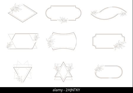 Line geometric frame with olive branch vector set in minimalistic style. Bohemian, abstract, linear frames. Minimal, outline borders of pictures for s Stock Vector