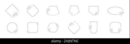Line geometric frame with olive branch vector set in minimalistic style. Bohemian, abstract, linear frames. Minimal, outline borders of pictures for s Stock Vector