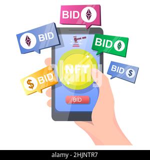 NFT crypto art auction, vector illustration. Non fungible token. Digital art marketplace. Online mobile bidding. Stock Vector