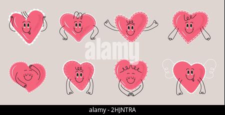 Funny little hearts vector set in doodle syle. Openwork, fabric hearts with hands and faces. Bohemian pink paper valentine. Valentine day icons. Stock Vector
