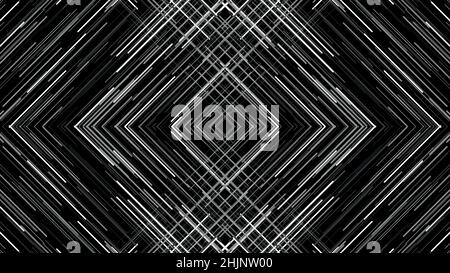 Pattern with black and white lights with interference. Animation. Triangular mirror pattern with lines moving at intersection interrupted by noise. Stock Photo