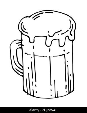 Large glass of beer with foam. Outline sketch. Hand drawing is isolated on a white background. Vector Stock Vector