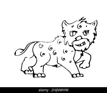 Jaguar funny. Cheerful wild animal. A comical character. Outline sketch. Hand drawing is isolated on a white background. Vector Stock Vector