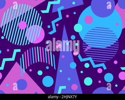 Memphis seamless pattern with geometric shapes in 80s and 90s style. Geometric shapes of different shapes and colors. Design of promotional products, Stock Vector