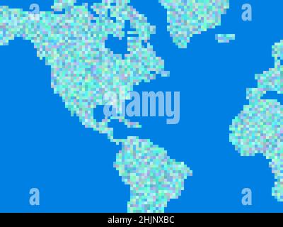 Continents of planet earth in pixel art style. Pixel map of North America, South America and Africa. Retro 8 bit graphics for printing promotional pro Stock Vector