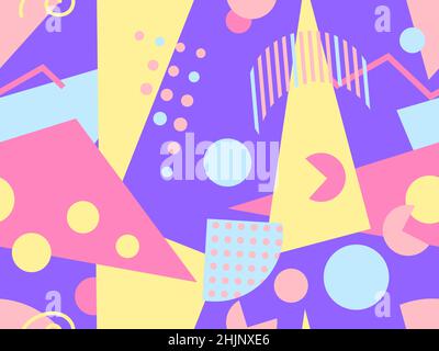Memphis seamless pattern with geometric shapes in 80s and 90s style. Geometric shapes of different shapes and colors. Design of promotional products, Stock Vector