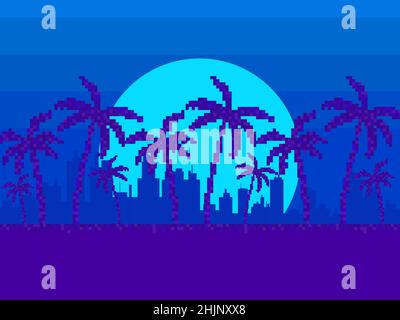 Night cityscape with palm trees in 80s pixel art style. Pixel palm trees against the backdrop of the city and the full moon. 8-bit synthwave and retro Stock Vector