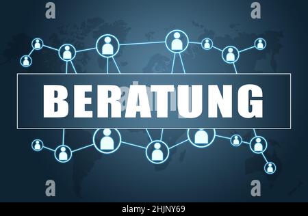 Beratung - german word for consulting - text concept on blue background with world map and social icons. Stock Photo