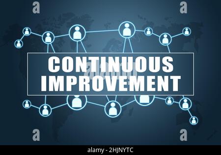 Continuous Improvement - text concept on blue background with world map and social icons. Stock Photo