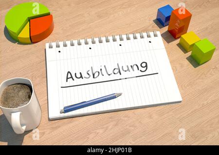 Ausbildung - german word for education or training - text concept with notebook, coffee mug, bar graph and pie chart on wooden background - 3d render Stock Photo