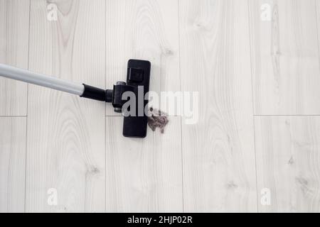 process of cleaning the apartment with a vacuum cleaner. copy space Stock Photo