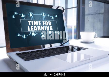 Time for Learning text on modern laptop screen in office environment. 3D render illustration business text concept. Stock Photo