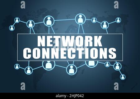 Network Connections - text concept on blue background with world map and social icons. Stock Photo