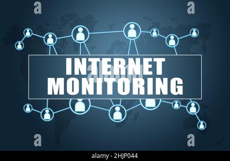 Internet Monitoring - text concept on blue background with world map and social icons. Stock Photo