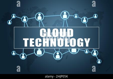 Cloud Technology - text concept on blue background with world map and social icons. Stock Photo