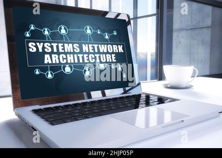 Systems Network Architecture text on modern laptop screen in office environment. 3D render illustration business text concept. Stock Photo
