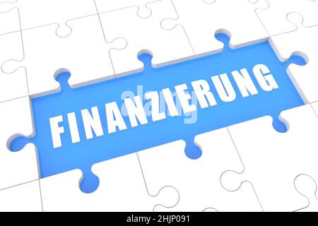 Finanzierung - german word for funding or financing - puzzle 3d render illustration with word on blue background Stock Photo