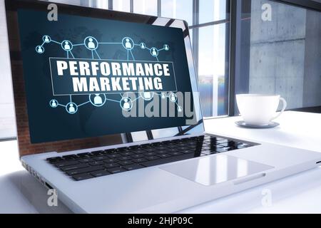 Performance Marketing text on modern laptop screen in office environment. 3D render illustration business text concept. Stock Photo