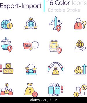 Export and import business RGB color icons set Stock Vector