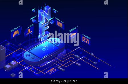 NFT mobile video games, neon light vector isometric illustration. Non fungible token, NFT blockchain technology. Stock Vector